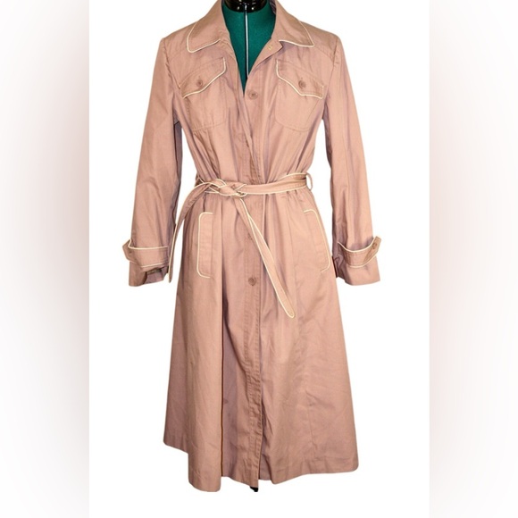 Unbranded Jackets & Blazers - Vintage 70s Mauve Trench Coat White Piping | Belted Long Jacket Women Size 13/14